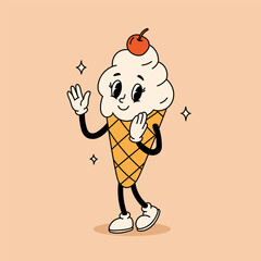 Cartoon groovy fast food ice cream cone character. Fast food frozen dessert funny personage, vanilla ice cream waffle cone cartoon groovy isolated vecto