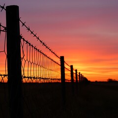 夕焼けと鉄条網のシルエット