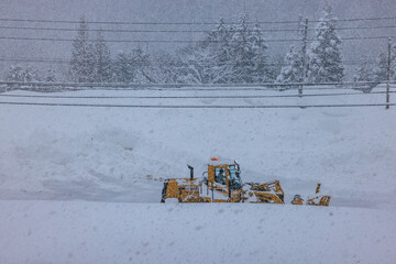 積雪した道路で行われる早朝の除雪作業