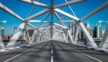 Modern Truss Bridge Leading to a City Skyline.