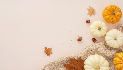 Autumn Harvest Flat Lay with Pumpkins and Leaves.