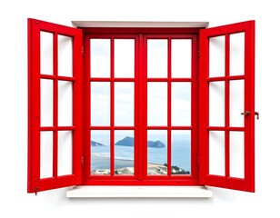Obraz premium Open red window overlooking sea and islands