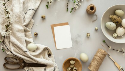 Easter flat lay with blank card, eggs, and spring decorations on a light background.