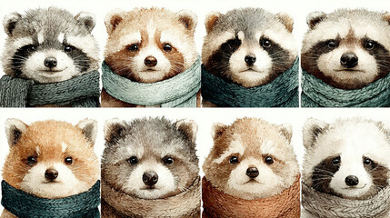Collection of illustrated cute raccoons wearing scarves in two rows.