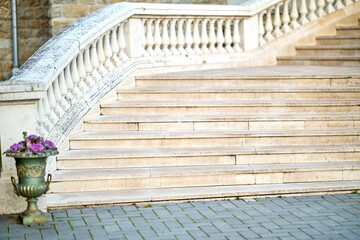Elegant stone staircase with flower pot in serene outdoor setting