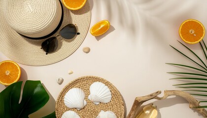 Summer vacation flat lay with beach accessories and citrus fruits.