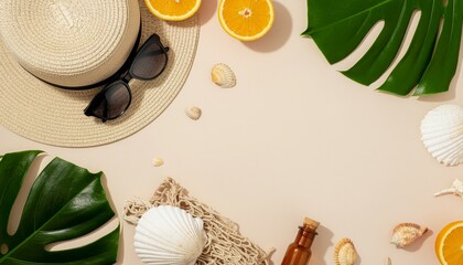 Summer Vacation Flat Lay with Beach Accessories and Tropical Elements.