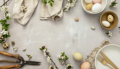 Easter Spring Table Setting with Eggs and Cherry Blossoms.