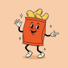Fast food cartoon retro groovy characters. Vintage chips bag vector personage. Cute chips bag.