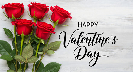 Happy Valentine's Day Calligraphy with Red Roses Over Rustic Wood Background