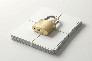 Brushed gold padlock sitting on top of white paper stack for data security
