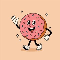 Cute groovy donut character in retro style. Cartoon donut retro groovy mascot vector illustration.