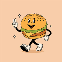 Groovy retro burger character. Flat vector illustration. burger groovy sticker