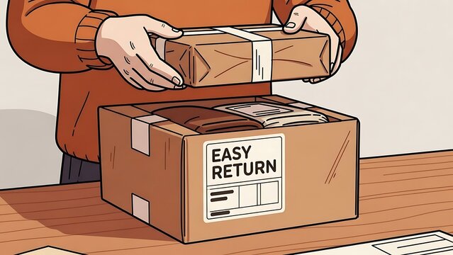 Person packing a box for easy return process after online shopping