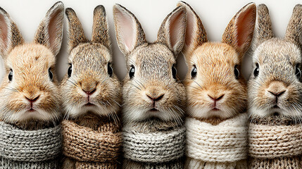 Row of adorable rabbits wearing cozy knitted scarves, looking directly at the camera.