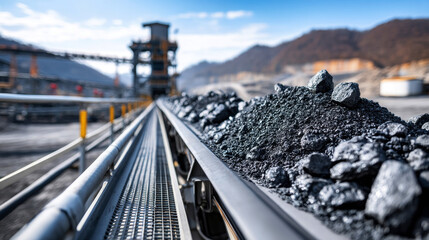Large coal mining site with conveyor belts and black coal under blue sky