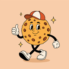 Groovy cookie character vector illustration. Cartoon isolated retro sweet food sticker of biscuit with chocolate chips , happy cookie mascot with funny face