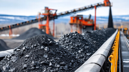 Large coal mining site with conveyor belts and black coal under blue sky