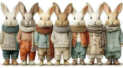 Group of anthropomorphic rabbits dressed in fashionable winter clothing.