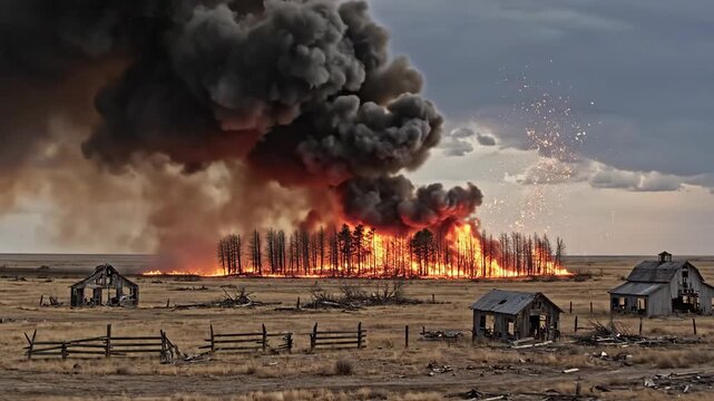  witnessing a dramatic rural fire sending dark smoke and bright flames across an open plain