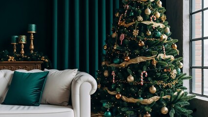 Cozy Living Room with Decorated Christmas Tree.