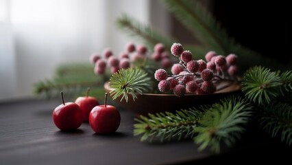 Cranberries in Wooden Bowl with Greenery.