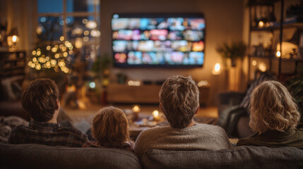 A multigenerational family sits together in the living room at night, quietly watching recommended content on television in a calm, technology-integrated home.