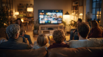A multigenerational family sits together in the living room at night, quietly watching recommended content on television in a calm, technology-integrated home.