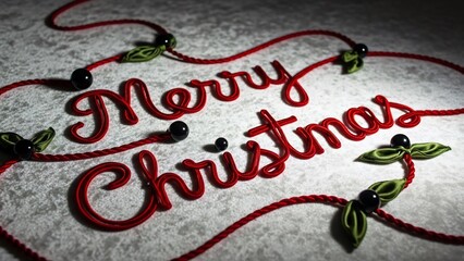 Merry Christmas card with red ribbon decoration.