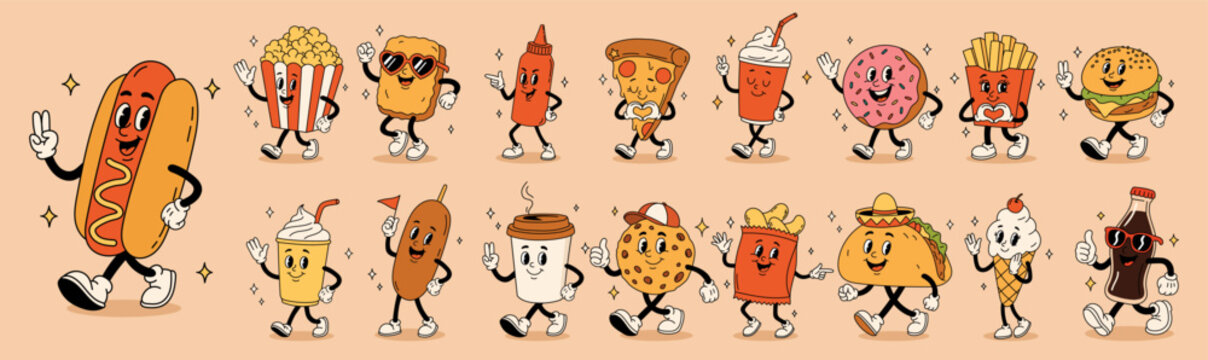 Set of fast food retro groovy cartoon character. Vintage mascot of burger, pizza, hot dog, ice cream, french fries, coffee to go, donut and soda with happy smile. burger groovy stickers