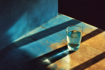 Sunlight and shadows create visual rhythm around a glass of water on a wooden surface in a calm interior scene.