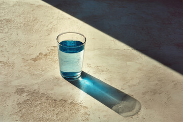 A glass of water casts a long shadow, creating calm visual rhythm through light and minimal composition.