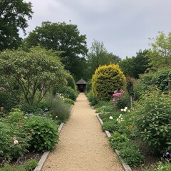 Serene garden pathway leading to a secluded gazebo amidst flourishing flora and lush green trees