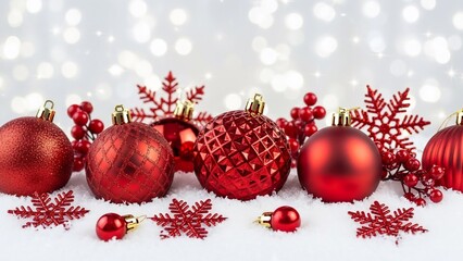 Red Christmas Ornaments and Decorations on White Background.