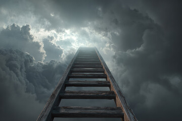 Wooden ladder rising into cloudy sky, symbolizing long-term goals, progress, and an uncertain future path.