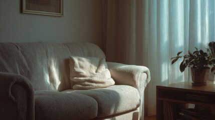 A calm living room at sunset, with warm light and empty seating, reflecting a quiet pause in everyday domestic life.