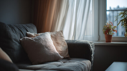 A calm living room at sunset, with warm light and empty seating, reflecting a quiet pause in everyday domestic life.