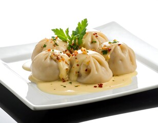 Plate of savory dumplings with sauce and parsley garnish