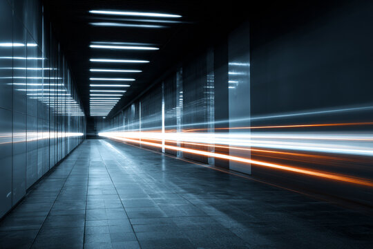 Light trails rushing through a modern corridor, symbolizing speed, time acceleration, and strategic digital progress.
