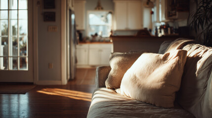 A blurred figure moves through a warm living room, reflecting time pressure and mental load within everyday domestic life.