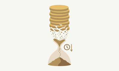 Illustration of an hourglass with coins stacked on top, sand flowing down, and a clock beside it, symbolizing the concept of time is money and limited time.