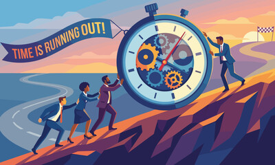 Illustration of businesspeople pushing a giant stopwatch up a cliff with a winding road and a 'time is running out' banner in a colorful, stylized scene.