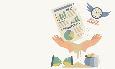 Flat lay illustration of hands holding a financial report with a deadline and clock, surrounded by money and calendar, conveying a sense of urgency and time management.