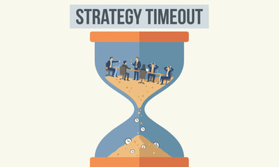 Illustration of a blue hourglass with people in the top bulb and sand flowing down, labeled 'STRATEGY TIMEOUT' on a beige background, conveying a sense of limited time for business strategy.