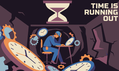 Illustration of a man working at a desk surrounded by multiple clocks and gears with an hourglass above, conveying a sense of urgency and time running out in a dark industrial setting.