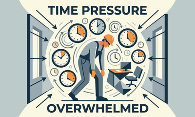 Illustration of a stressed businessman overwhelmed by multiple clocks in a corridor with a sense of urgency and time pressure.