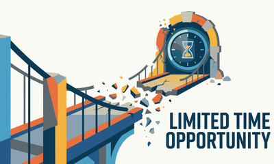 Illustration of a bridge with a train rushing through it, conveying a limited time opportunity concept with a sense of urgency and speed, set against a clean white background with bold