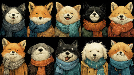 Artistic illustration of ten smiling dogs wearing colorful scarves on a black background.