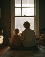 Silhouetted parent and child sit facing each other by a window, capturing a quiet, emotional moment of connection and reflection.