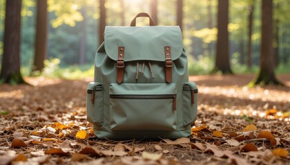 A light green backpack with brown leather straps sitting on a forest floor covered in autumn leaves, with sunlight filtering through the trees.